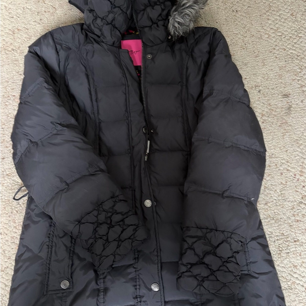 Betsey Johnson Charcoal  Puffer Jacket with Faux Fur Hood